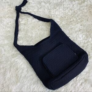 Vintage Navy Blue Crochet Shoulder Bag Zip Front Pocket